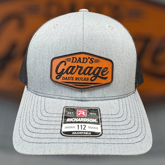 Dads Garage Leather Patch Trucker Cap - Laser Engraved Richardson 112